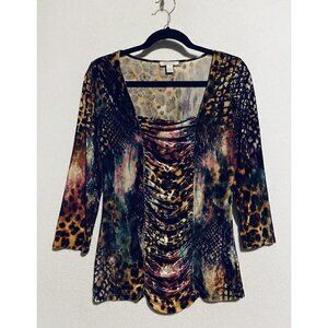 Boston Proper Top Womens Medium Multicolor Animal Print Velvet Ruched Y2K Boho